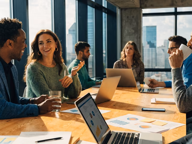 Equipo conversando y sonriendo en una sala de juntas con gráficas impresas sobre la mesa